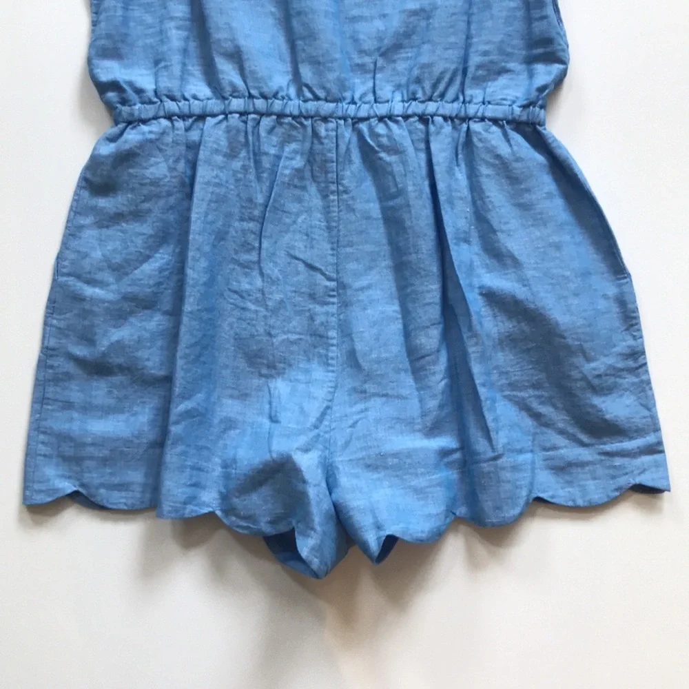 J. Crew Linen Short Sleeve Scallop Trim Scoop Neck Romper Chambray Blue Sz M NWT